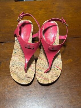 Lauren Ralph Lauren Pink Leather Thong Sandals with Cork-Style Footbed